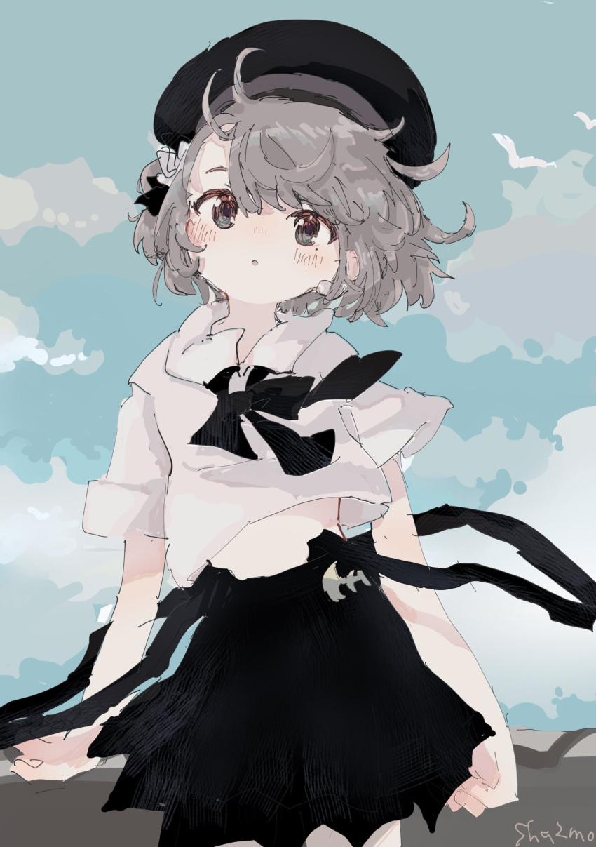 1girl :o arm_support beret bird black_bow black_bowtie black_headwear black_ribbon black_skirt blue_sky blush bow bowtie cloud collared_shirt cowboy_shot floating_hair flower grey_hair hair_flower hair_ornament hair_ribbon hat hatoba_tsugu head_tilt highres looking_at_viewer loose_bowtie messy_hair midriff_peek mole mole_under_eye nose_blush open_mouth outdoors raised_eyebrows ribbon sha2mo shirt short_hair short_sleeves signature skirt sky solo suspender_skirt suspenders suspenders_hanging tsugu_(vtuber) virtual_youtuber white_flower white_shirt wind