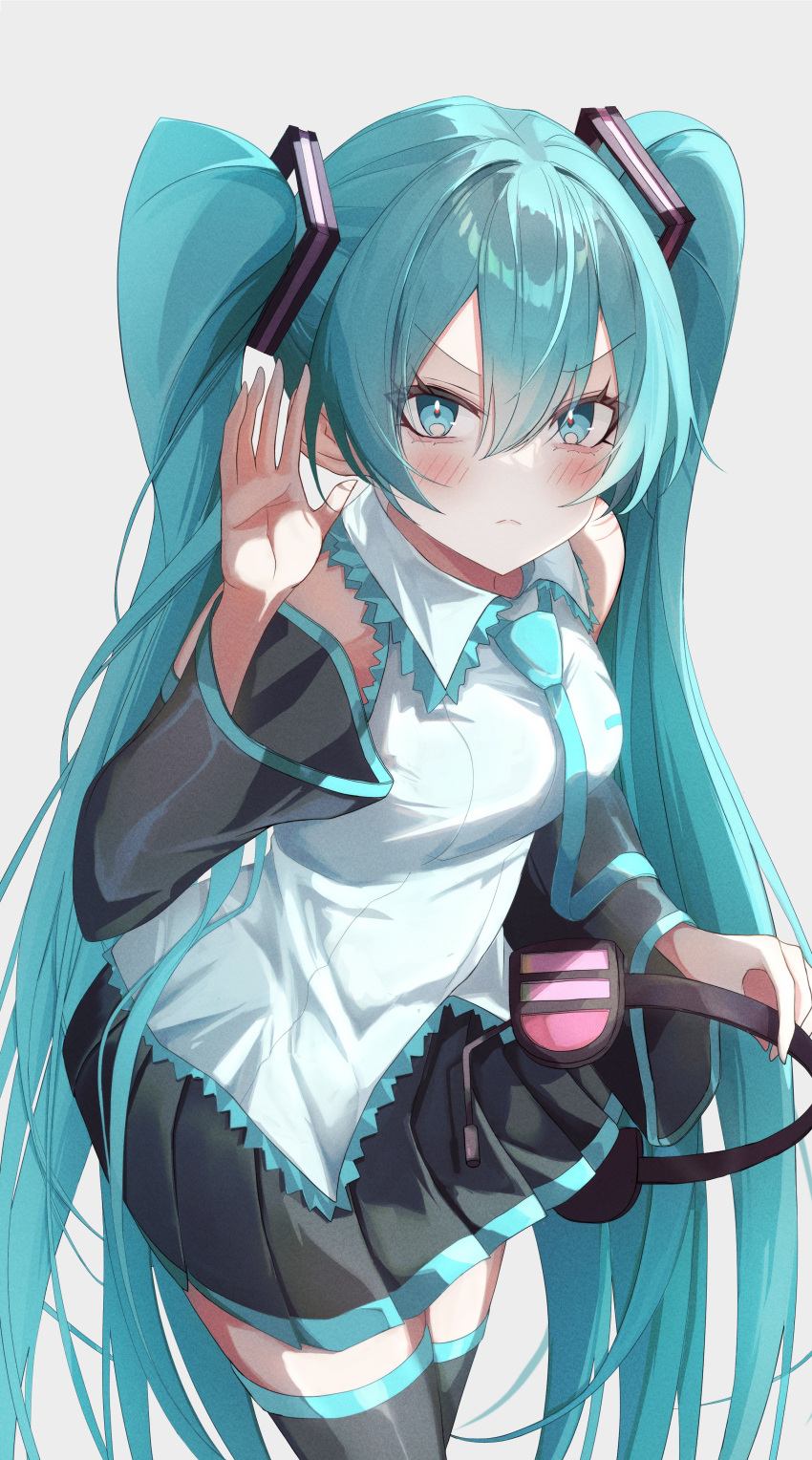 &gt;:( 1girl :&lt; absurdres aqua_eyes aqua_hair aqua_necktie aqua_skirt bare_shoulders black_skirt black_sleeves blush breasts collared_shirt commentary_request concentrating cowboy_shot detached_sleeves frown hair_between_eyes hatsune_miku headset headwear_removed highres kawasuru_(15miclon) leaning_forward listening long_hair looking_at_viewer medium_breasts multicolored_clothes multicolored_skirt necktie open_hand pink_headphones pleated_skirt shirt simple_background skirt solo split_mouth thighhighs twintails v-shaped_eyebrows very_long_hair vocaloid white_background white_shirt