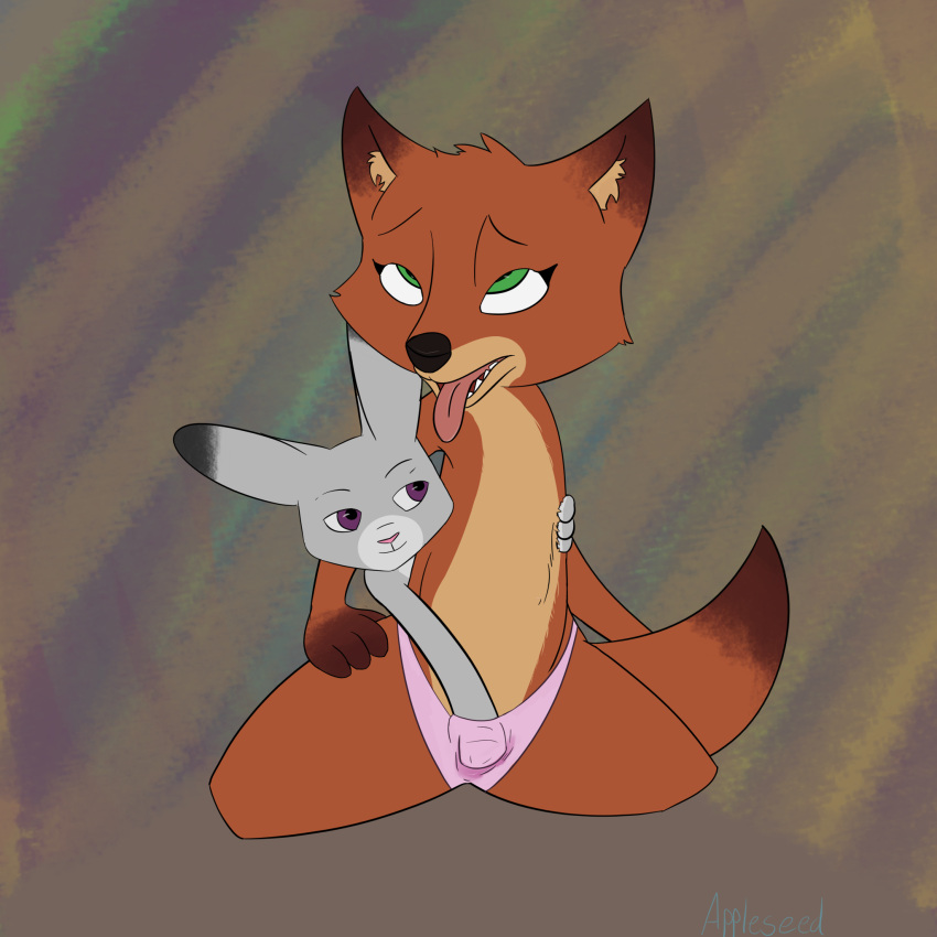 ahegao ambiguous_gender anthro appleseed_(artist) canid canine clothed clothing crossgender disney duo female fox hand_in_underwear hi_res judy_hopps lagomorph leporid looking_pleasured male male/female mammal masturbation nick_wilde rabbit sex tongue tongue_out topless underwear vaginal vaginal_masturbation zootopia