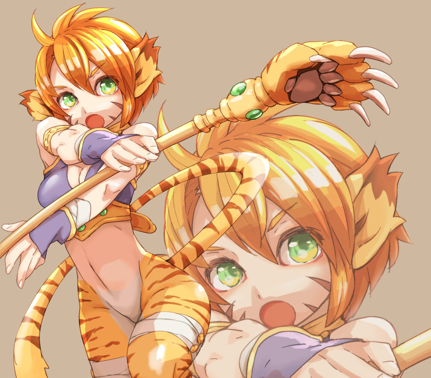 1girl animal_ears breasts breath_of_fire breath_of_fire_ii bustier cat_ears cleavage facial_mark gloves green_eyes highres holding holding_weapon looking_at_viewer open_mouth orange_hair pointy_ears rinpoo_chuan short_hair simple_background solo tail tiger_stripes tiger_tail wang_kei_kobayashi weapon