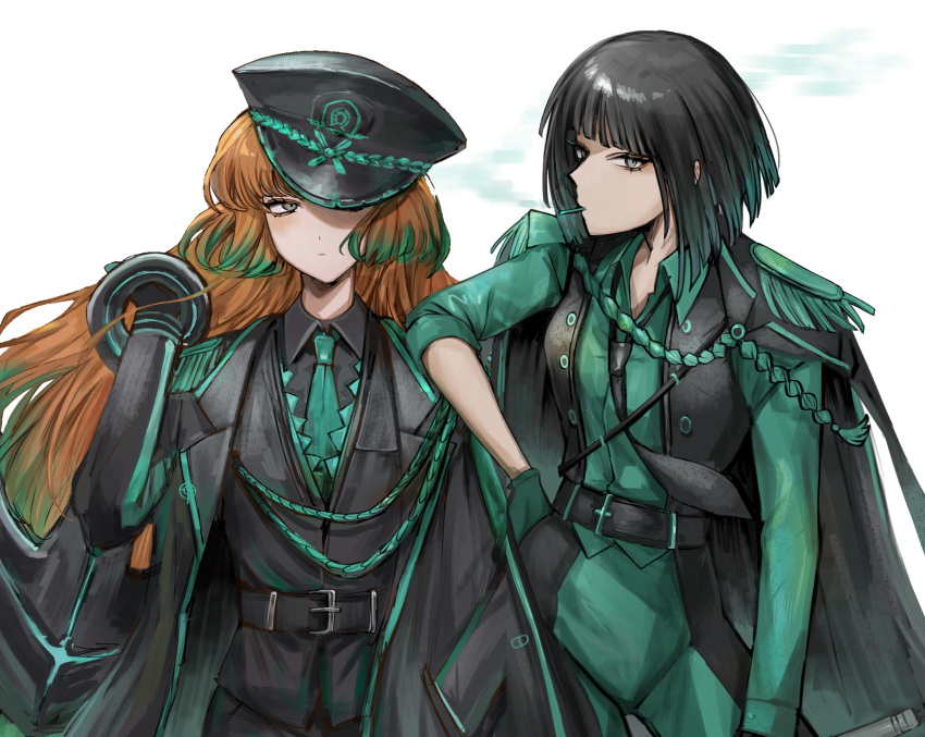 2girls aiguillette anchor belt black_belt black_coat black_gloves black_hair black_headwear black_necktie black_pants black_vest cigarette closed_mouth coat colored_tips e.g.o_(project_moon) epaulettes gloves gradient_hair green_hair green_necktie hand_in_pocket hand_up hat highres holding holding_anchor ishmael_(limbus_company) limbus_company long_hair long_sleeves looking_at_viewer military_hat multicolored_hair multiple_girls na-gyou_(nunumaru) necktie orange_hair pants peaked_cap project_moon ryoshu_(limbus_company) short_hair sidelocks simple_background solo very_long_hair vest white_background