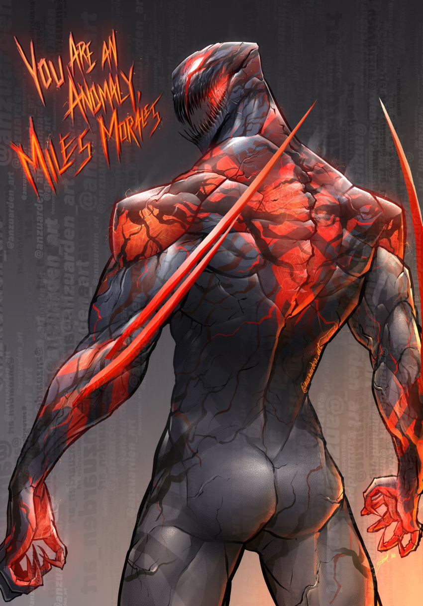 2023 alien alien_humanoid anzuarden back_muscles biceps biped butt carnage_(marvel) dialogue digital_media_(artwork) english_text grey_body hi_res humanoid male marvel miguel_o'hara muscular muscular_humanoid muscular_male not_furry open_mouth open_smile rear_view red_body red_eyes sharp_teeth smile solo spiderman_2099_(character) standing symbiote teeth text vein