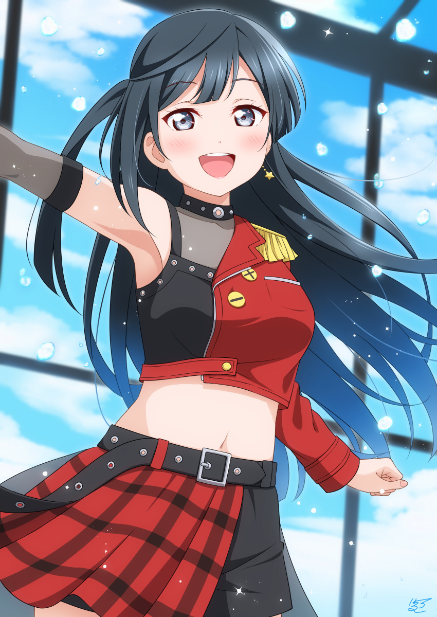 1girl absurdres armpits asymmetrical_jacket asymmetrical_skirt belt black_belt black_eyes black_hair black_shirt black_shorts blue_sky blush breasts buttons clenched_hand cloud crop_top detached_sleeves dive!_(love_live!) epaulettes eyelashes glass_wall half-skirt hand_up haruharo_(haruharo_7315) highres jacket long_hair long_sleeves looking_at_viewer love_live! love_live!_nijigasaki_high_school_idol_club medium_breasts midriff navel open_mouth overskirt plaid plaid_skirt red_jacket red_skirt see-through shirt shorts side_ponytail signature single_epaulette skirt sky smile solo tank_top teeth upper_teeth_only water_drop yuuki_setsuna_(love_live!)