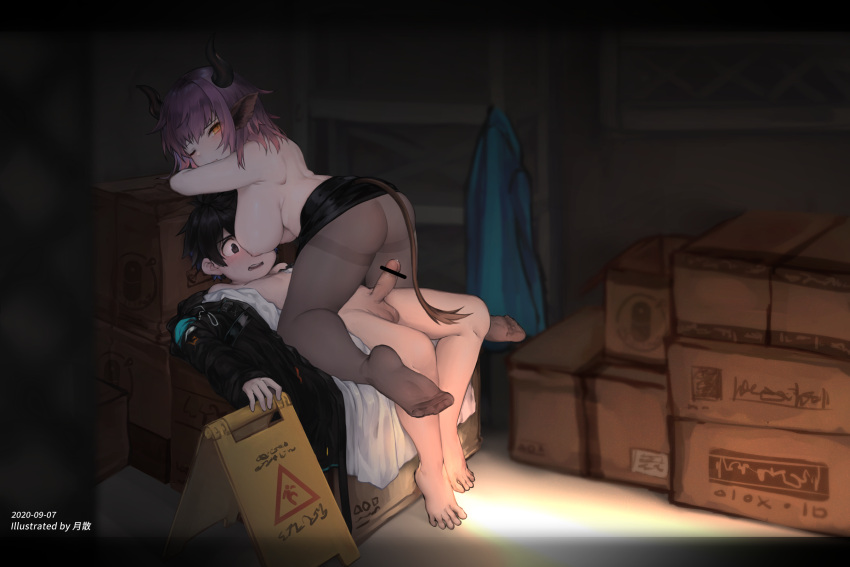 1boy 1girl age_difference animal_ears arknights artist_name barefoot black_hair black_skirt blue_hair blush box breasts brown_pantyhose cardboard_box censored closed_mouth coat cow_ears cow_girl cow_horns cow_tail dated doctor_(arknights) erection hanging_breasts hetero highres horns indoors large_breasts lying male_doctor_(arknights) multicolored_hair nipples nude onee-shota open_clothes open_coat open_mouth orange_eyes pantyhose penis purple_hair sideroca_(arknights) skirt tail thighband_pantyhose tsukibara