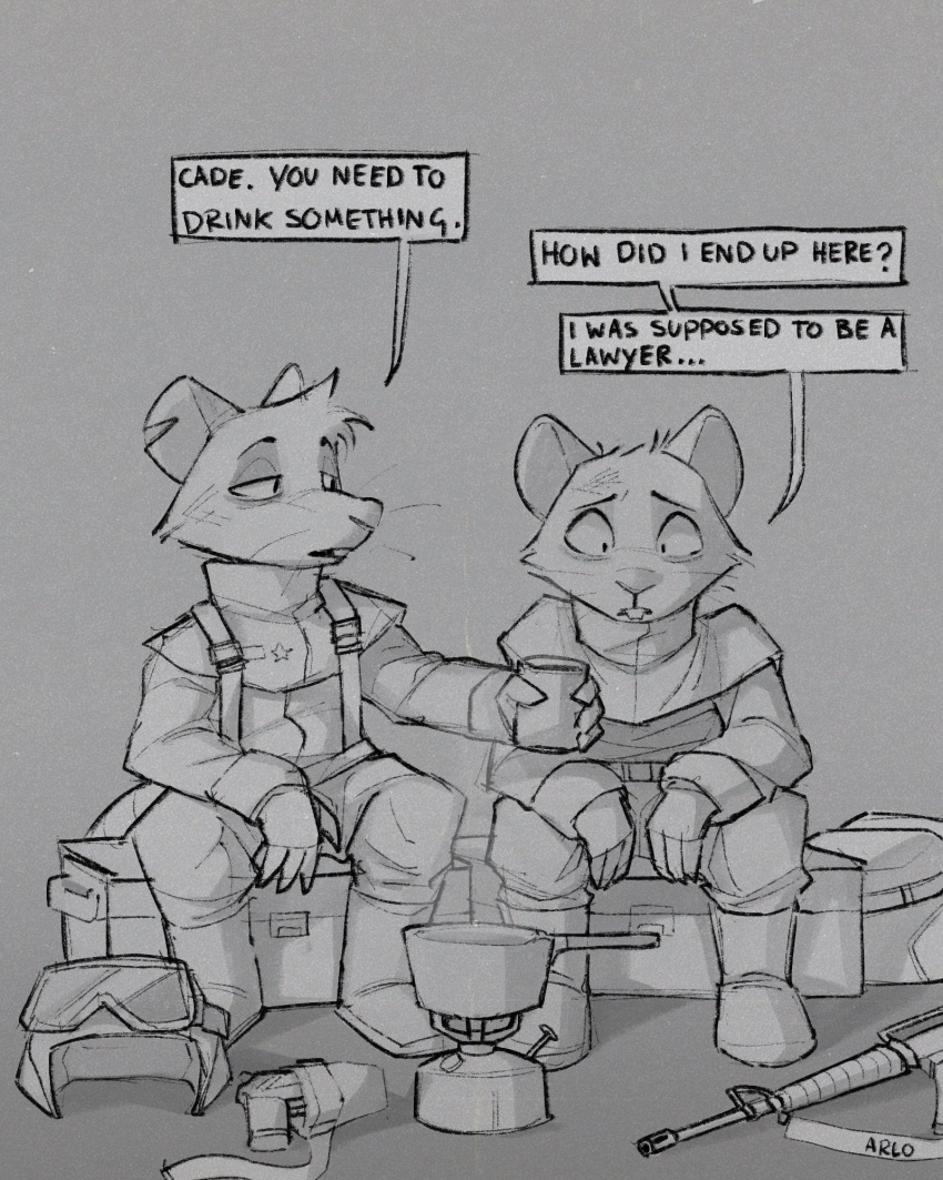 2023 5_fingers anthro biped bottomwear clothing dialogue duo english_text fingers hi_res humanoid_hands mammal mangohyena military_uniform mug murid murine pants rat rodent sad sitting text uniform weapon