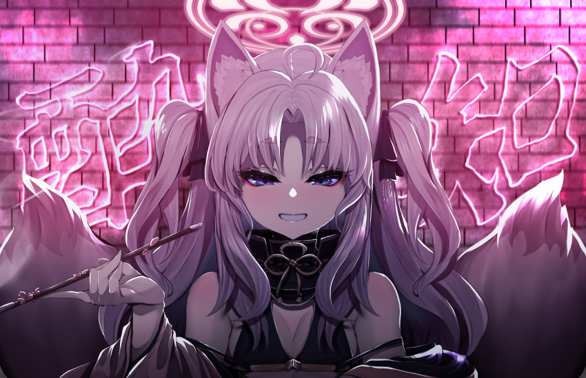 1girl :d alternate_costume animal_ear_fluff animal_ears backlighting blue_archive bow breasts brick_wall cleavage commentary_request detached_sleeves eyeshadow fox_ears fox_girl fox_tail grey_eyes grin hair_bow hair_ribbon halo holding holding_smoking_pipe kuzunoha_(blue_archive) long_hair long_sleeves looking_at_viewer makeup multiple_tails neon_lights parody parted_bangs red_eyeshadow ribbon sakishimadara smile smoking_pipe solo sweater tail thick_eyebrows turtleneck turtleneck_sweater two_side_up two_tails upper_body white_hair yoidore_shirazu_(vocaloid)