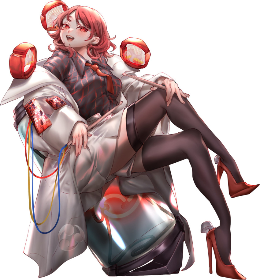 1girl black_shirt black_thighhighs blazer blush breasts collared_shirt commentary drumsticks full_body high_heels highres holding holding_drumsticks horikawa_raiko jacket long_sleeves looking_at_viewer medium_breasts mitsudomoe_(shape) open_clothes open_jacket open_mouth red_eyes red_footwear red_hair shirt short_hair simple_background sitting skirt smile solo symbol-only_commentary thighhighs tomoe_(symbol) touhou white_background white_jacket white_skirt yamazaki_tsukune