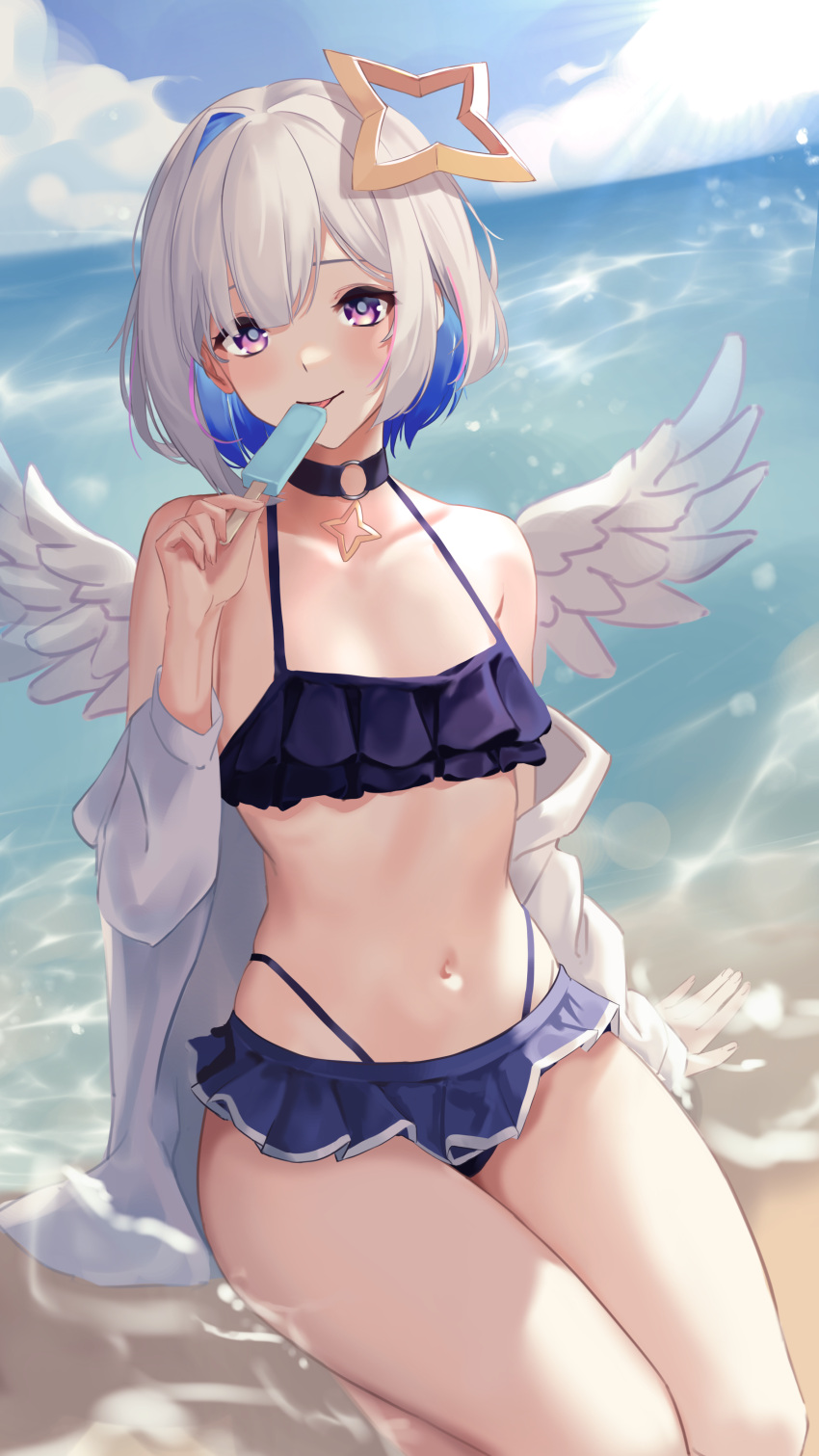 1girl absurdres alternate_costume amane_kanata angel_wings asymmetrical_hair beach bikini bikini_skirt black_choker blue_bikini blue_hair blue_sky blush breasts choker cloud cloudy_sky colored_inner_hair commentary day feet_out_of_frame food frilled_bikini frills grey_hair halo highres holding holding_food holding_popsicle hololive jacket looking_at_viewer multi-strapped_bikini multicolored_hair navel o-ring o-ring_choker ocean off_shoulder open_clothes open_jacket outdoors pink_hair popsicle purple_eyes short_hair single_hair_intake sitting skindentation sky small_breasts smallpine_7 smile solo star_(symbol) star_choker stomach string_bikini sun sunlight swimsuit tongue tongue_out virtual_youtuber white_jacket wings
