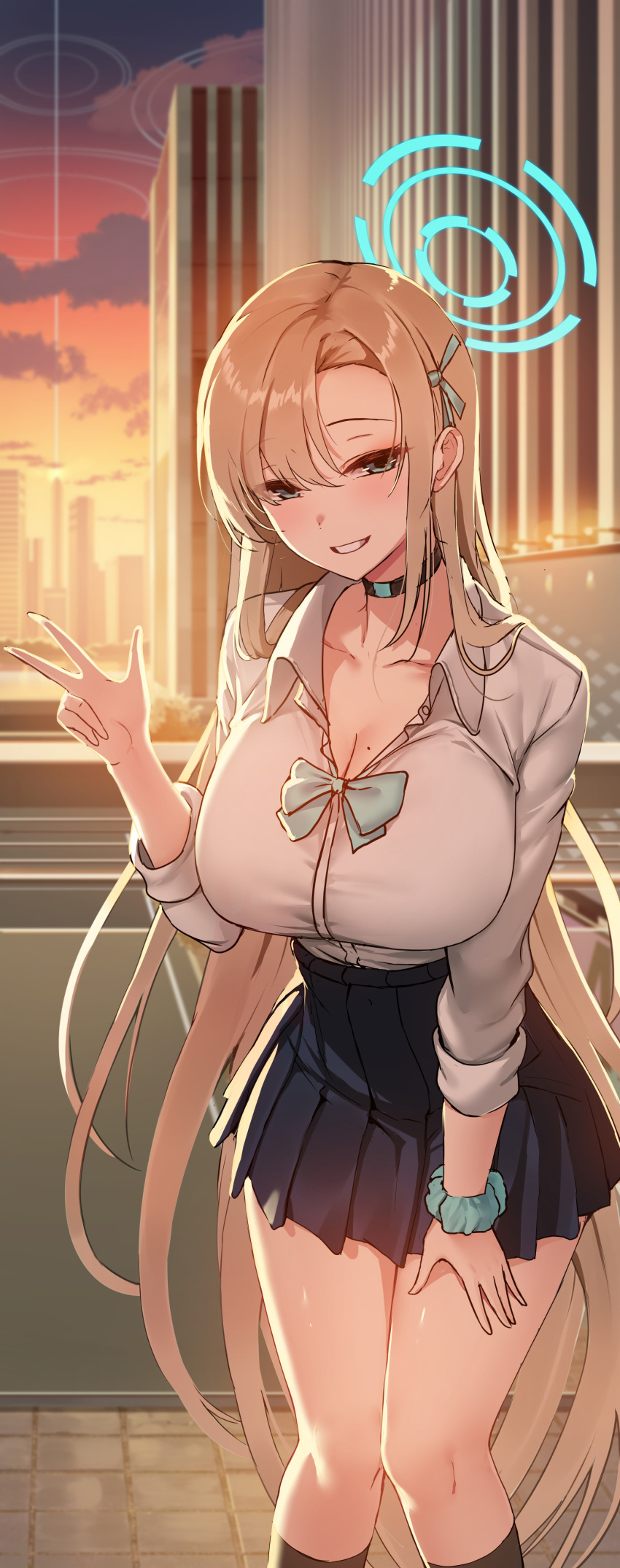 1girl absurdres asuna_(blue_archive) beanowl blonde_hair blue_archive blue_eyes blue_scrunchie blush bow bowtie breasts building choker cityscape cleavage collarbone grin gyaru hair_ornament highres jewelry kneehighs large_breasts long_hair looking_at_viewer pleated_skirt school_uniform scrunchie shirt shirt_tucked_in skirt smile socks solo sunset uniform v very_long_hair wrist_scrunchie