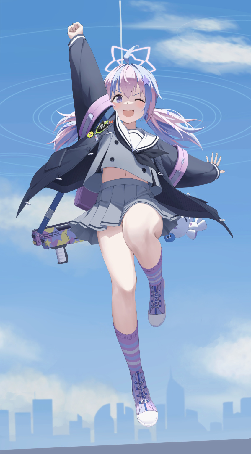 1girl absurdres ahoge arm_up backpack bag black_neckerchief blue_archive blue_hair blue_jacket blue_sky cloud commentary full_body gaoqiaoyuyin_takahashi grey_shirt grey_skirt hair_between_eyes halo highres jacket jumping legs long_sleeves low_twintails medium_hair midriff multicolored_hair navel neckerchief one_eye_closed open_mouth pink_hair pleated_skirt purple_footwear reisa_(blue_archive) sailor_collar shirt shoes skirt sky skyline smile sneakers socks stomach striped striped_socks teeth thighs twintails two-tone_hair upper_teeth_only white_sailor_collar