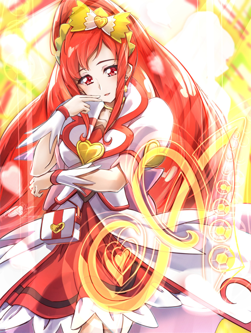 1girl bow breasts brooch choker clear_glass_(mildmild1311) cowboy_shot cure_ace dokidoki!_precure dress earrings fire hair_bow hair_ornament heart heart_brooch high_ponytail highres jewelry long_hair madoka_aguri magical_girl medium_breasts ponytail pouch precure puffy_sleeves red_background red_dress red_eyes red_hair smile solo two-tone_dress vest waist_bow white_dress yellow_background