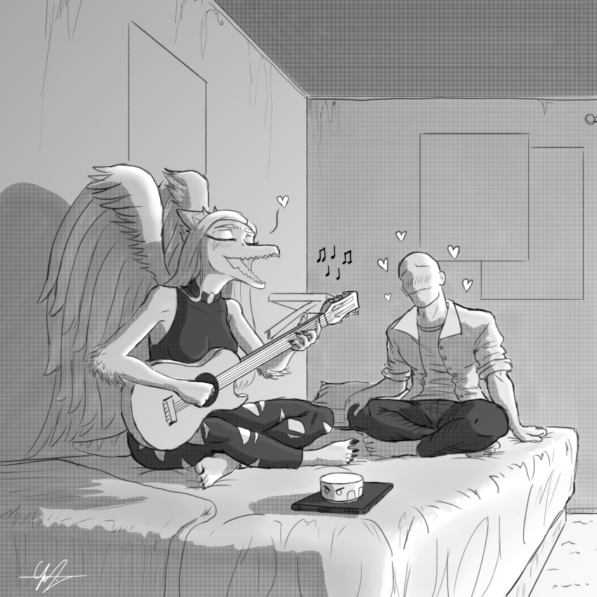 &lt;3 1:1 2023 4k absurd_res anon_(snoot_game) anthro bald barefoot bed black_and_white blush bottomwear breasts claws clothing crossed_legs denim denim_clothing dinosaur duo elbow_feathers eyelashes eyes_closed fang_(gvh) feathered_wings feathers feet female furniture goodbye_volcano_high guitar hair halter_top hi_res human inside j_galart jacket jeans long_hair male mammal metal_gear_raymba monochrome musical_instrument musical_note on_bed open_mouth pants playing_guitar playing_music plucked_string_instrument pterodactylus pterosaur reptile scalie sharp_teeth short_tail signature singing smile snoot_game_(fan_game) string_instrument tail teeth toe_claws toes topwear torn_bottomwear torn_clothing torn_jeans torn_pants wings