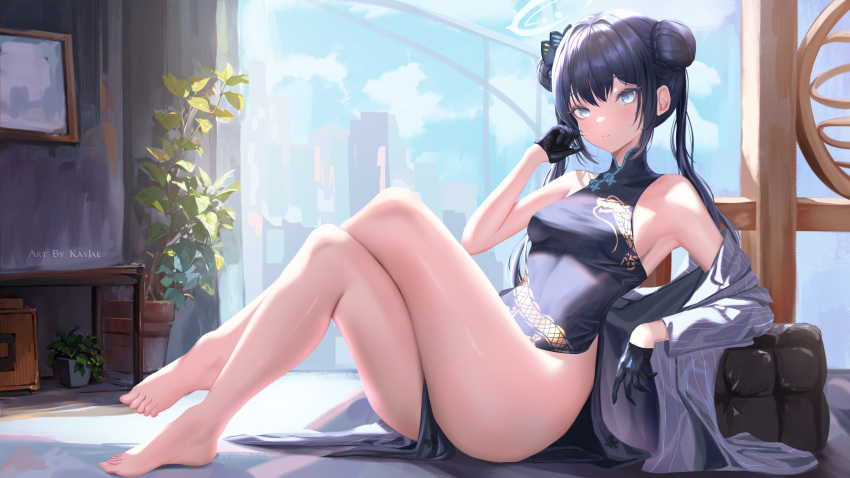 1girl armpits artist_name ass barefoot black_dress black_gloves black_hair blue_archive braid braided_bun breasts butterfly_hair_ornament china_dress chinese_clothes cloud coat crossed_legs day desk double_bun dragon_print dress gloves grey_coat grey_eyes hair_between_eyes hair_bun hair_ornament half_gloves halo highres indoors kayjae kisaki_(blue_archive) long_hair looking_at_viewer pelvic_curtain pinstripe_pattern plant potted_plant print_dress side_slit sidelocks sitting sleeveless sleeveless_dress small_breasts solo striped thighs twintails vertical-striped_coat window