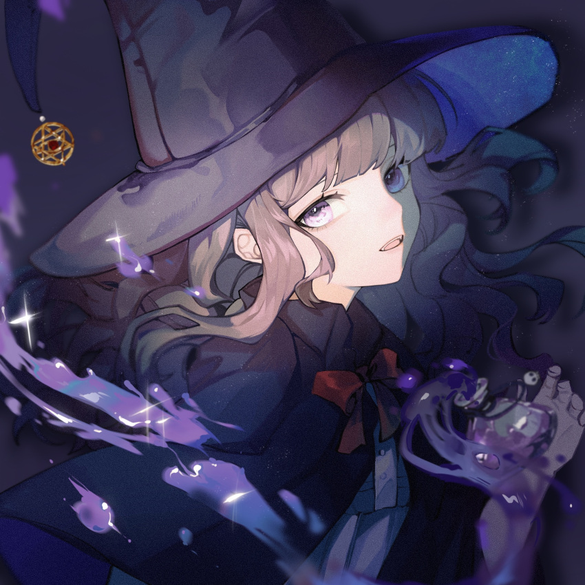 1girl blunt_bangs bottle bow brown_eyes brown_hair hat highres holding holding_bottle i_became_a_god_in_a_horror_game liquid liu_jiayi long_hair looking_at_viewer red_bow shengshu492 solo upper_body witch_hat