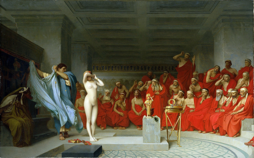 1girl 6+boys artist_name beard blue_robe breasts brown_hair clothed_male_nude_female clothes_removed completely_nude covering_face facial_hair greek_clothes grey_hair hand_on_own_head hands_up headband highres indoors jean-leon_gerome jewelry long_beard looking_at_another multiple_boys navel necklace nipples nude pectorals real_life red_hair red_robe robe roman_numeral sandals short_hair single_bare_shoulder sitting small_breasts standing statue surprised traditional_media white_hair white_headband