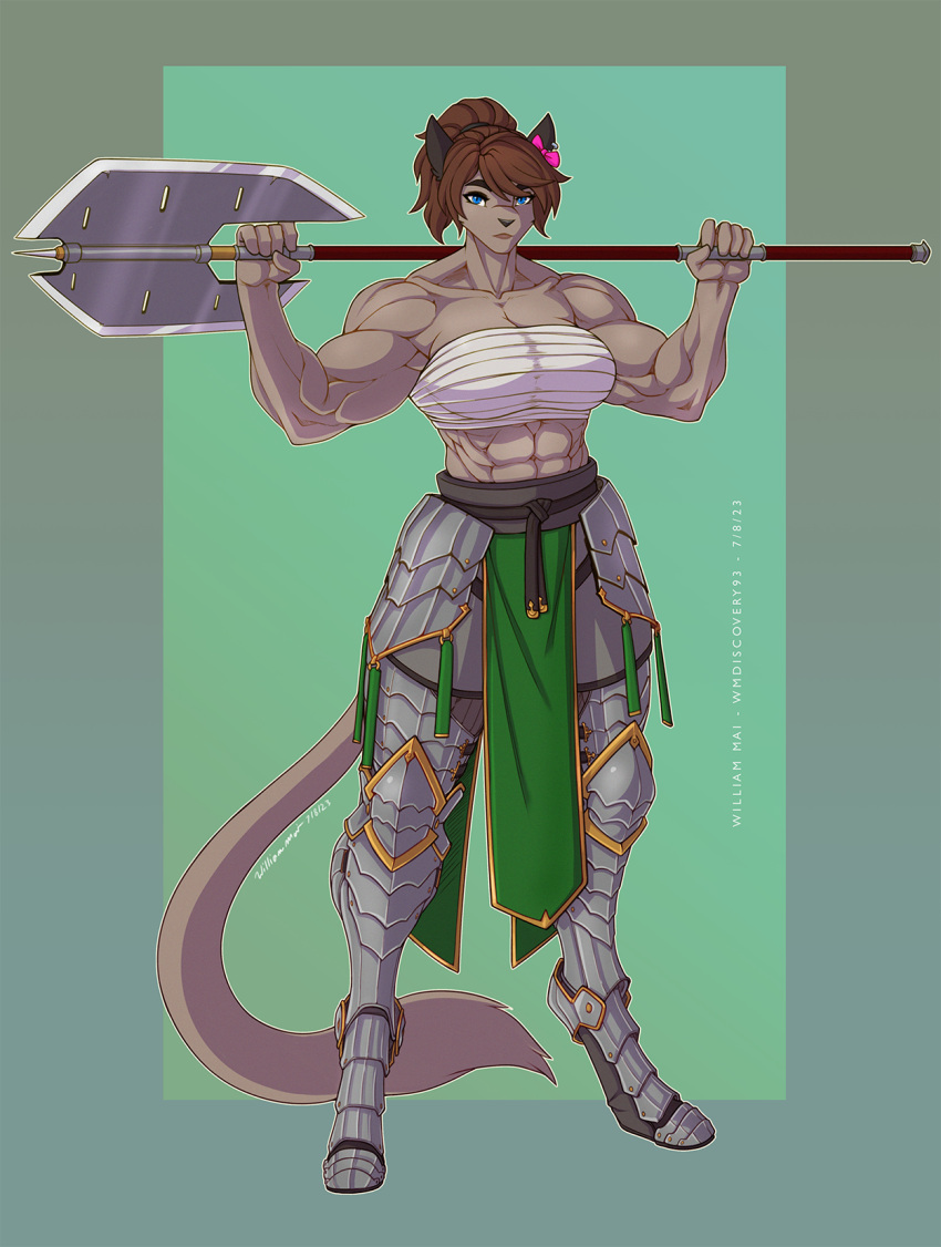2023 anthro armor blue_eyes cougar digital_media_(artwork) felid feline female fingers glaive hi_res holding_melee_weapon holding_object holding_weapon hybrid mammal melee_weapon muscular muscular_female nielo_(gamal) plate_armor polearm solo weapon wmdiscovery93