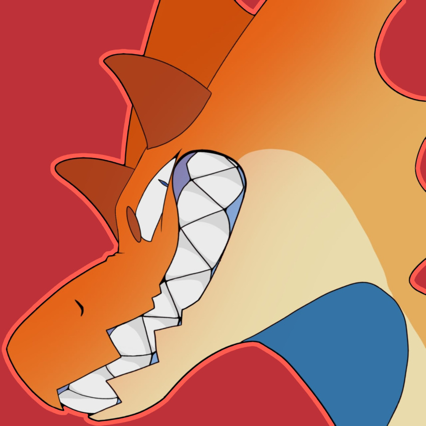 ambiguous_gender aquest clenched_teeth fin head_fin hi_res horn kobold kurindai_(downhillcarver) nonbinary_(lore) orange_body red_background sharp_teeth simple_background solo teeth