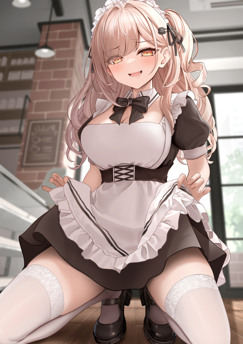 1girl apron black_bow black_bowtie black_footwear black_ribbon blush bow bowtie breasts brown_eyes brown_hair commentary_request detached_collar hair_ornament highres kneeling large_breasts long_hair looking_at_viewer maid_headdress monaka_curl original parted_lips ribbon short_sleeves side_ponytail smile solo thighhighs thighs white_apron white_headwear white_thighhighs wooden_floor