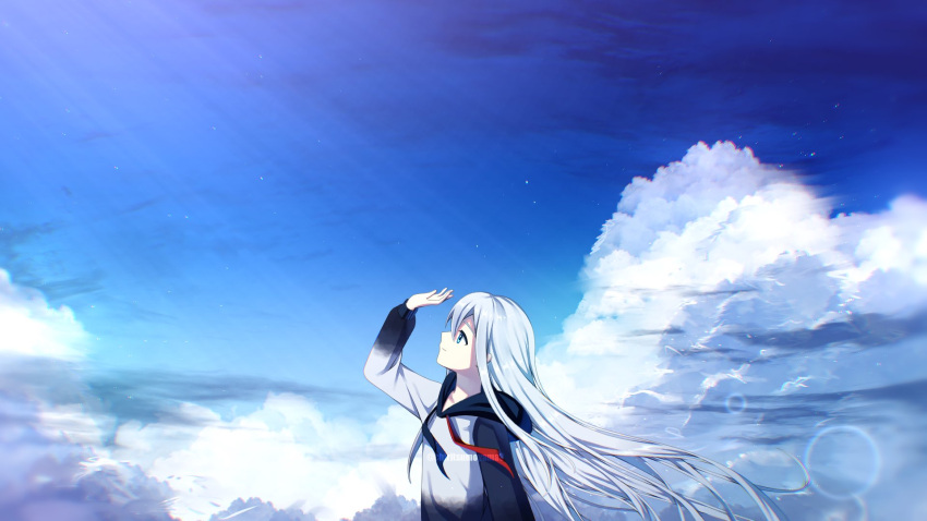 1girl arm_up artist_name blue_eyes blue_hair blue_sky closed_mouth commentary day facing_up hair_between_eyes henceforth_(vocaloid) highres hood hood_down hoodie lens_flare light_blue_hair long_hair long_sleeves project_sekai ryuuru scenery sky solo upper_body very_long_hair yoisaki_kanade