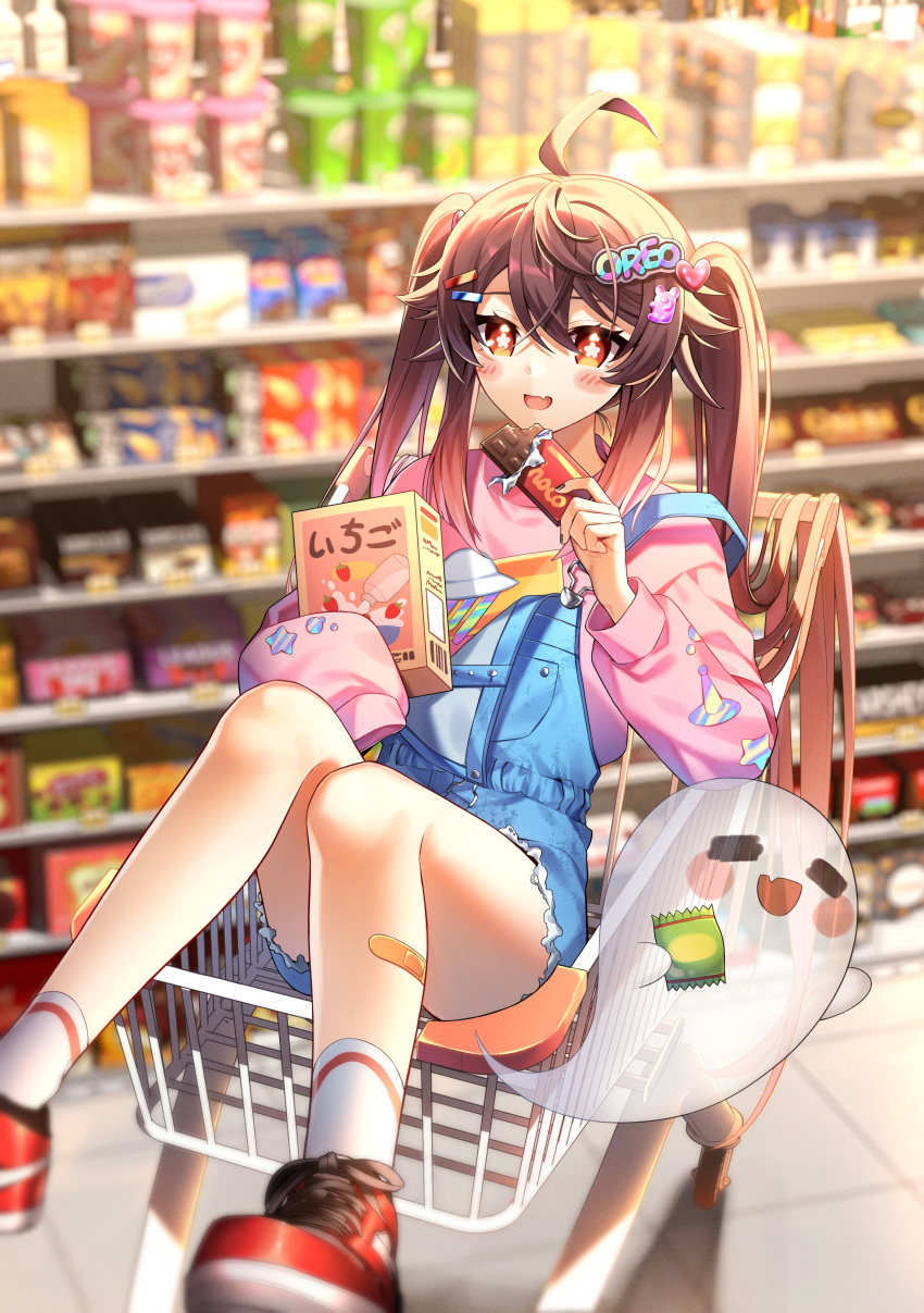 1girl absurdres alternate_costume blue_overalls boo_tao_(genshin_impact) brown_hair chocolate flower-shaped_pupils genshin_impact hair_between_eyes hair_ornament hairclip highres hu_tao_(genshin_impact) hwaen in_shopping_cart knees_together_feet_apart knees_up legs_up long_hair long_sleeves open_mouth overalls pink_shirt red_eyes shirt shop shopping_cart sitting smile solo symbol-shaped_pupils text_hair_ornament twintails