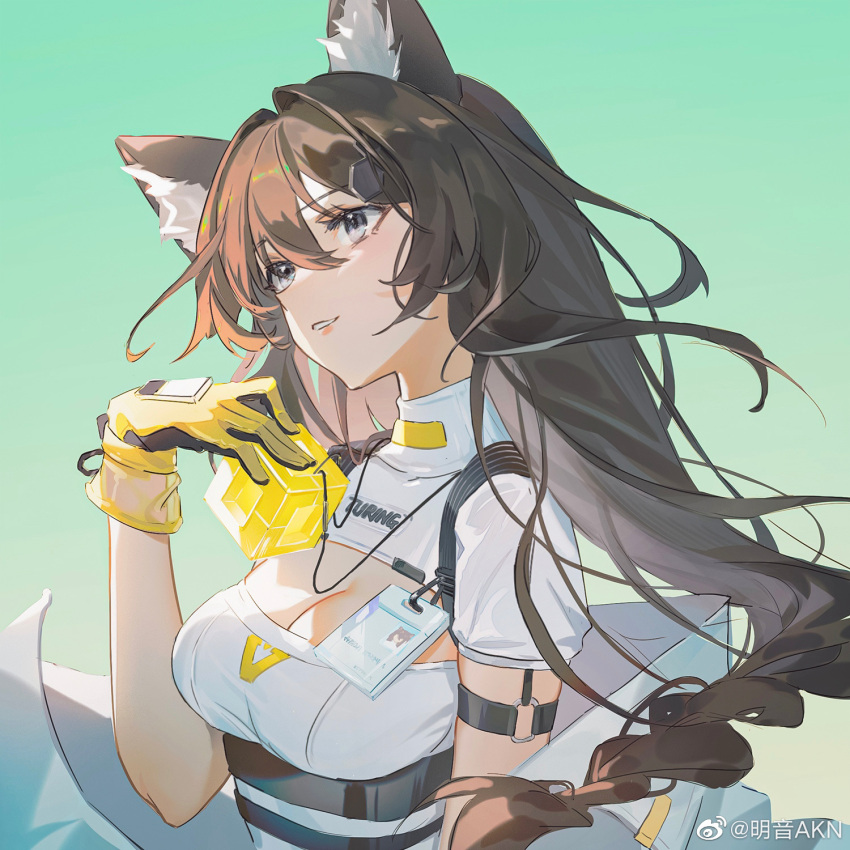 1girl animal_ear_fluff animal_ears aqua_background breasts brown_hair character_name cleavage cleavage_cutout clothing_cutout commentary_request cube girls'_frontline girls'_frontline_neural_cloud gloves grey_eyes hair_ornament highres holding holding_cube id_card jewelry long_hair medium_breasts mingyin_akn necklace shirt short_sleeves simple_background smile solo turing_(girls'_frontline_nc) upper_body weibo_username white_shirt yellow_gloves