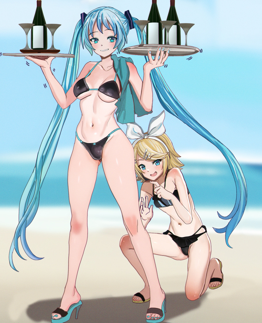 2girls aqua_hair aqua_nails aruman beach bikini black_bikini blonde_hair blue_eyes blue_sky blurry blurry_background bottle bow breasts cloud cocktail_glass colored_shoe_soles commentary cup drinking_glass full_body grin hair_bow hair_ornament hairband hairclip hands_up hatsune_miku high_heels highres holding holding_tray horizon kagamine_rin large_breasts long_hair looking_at_viewer multiple_girls navel ocean on_one_knee outdoors paid_reward_available pointing pointing_at_another sandals sky small_breasts smile standing swept_bangs swimsuit toes towel_on_one_shoulder tray trembling twintails variant_set very_long_hair vocaloid white_bow white_hairband wine_bottle
