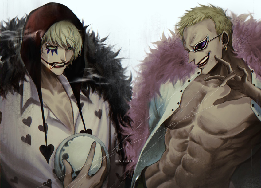 2boys abs artist_name bare_pectorals blonde_hair brothers cigarette coat collared_shirt detached_hood donquixote_doflamingo donquixote_rocinante fur_coat heart heart_print highres hood jaguar_print makeup male_focus multiple_boys nipples one_piece open_clothes open_shirt pectoral_cleavage pectorals pink_coat profile red-tinted_eyewear red_hood shirt short_hair siblings simple_background smile smoke smoking sunglasses thread tinted_eyewear white_background white_shirt wosara