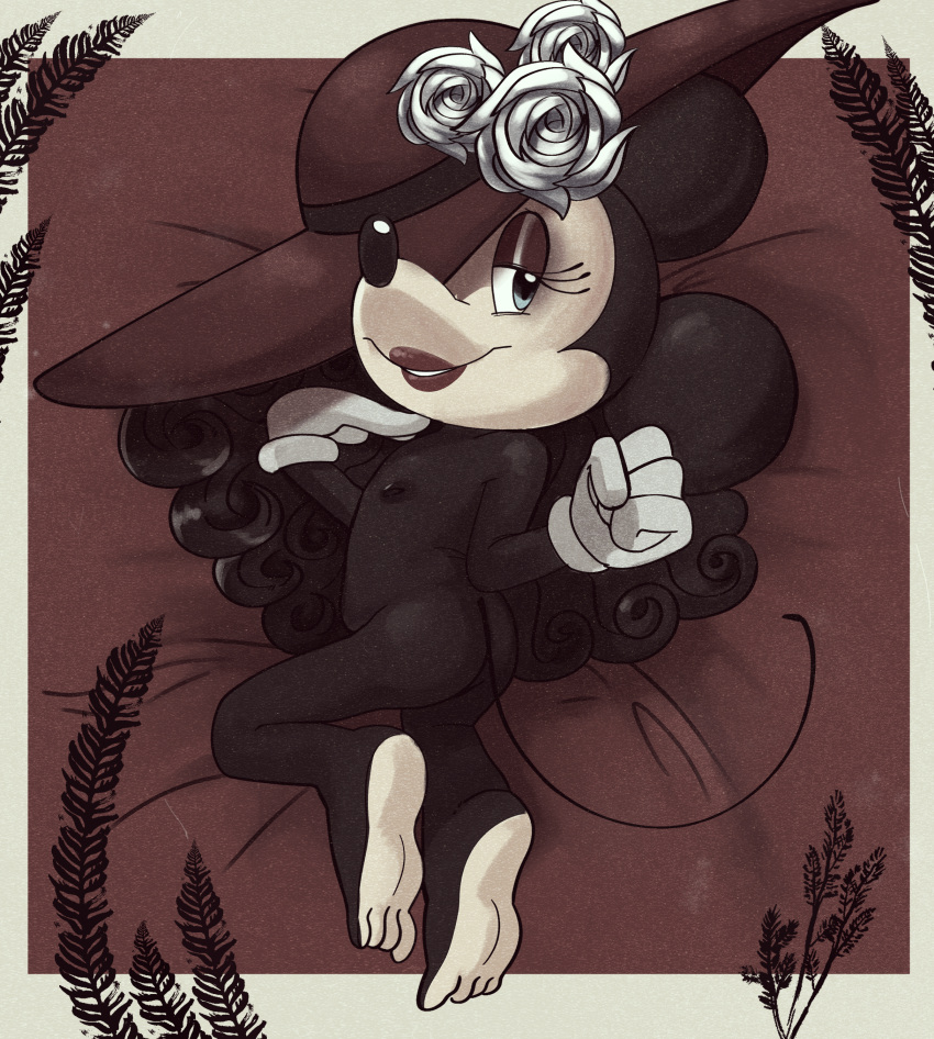 absurd_res anthro black_body blue_eyes brown_body butt clothing disney feet female flat_chested hat headgear headwear hi_res looking_at_viewer mammal minnie_mouse mouse murid murine nipples nude rodent sin-buttons_(artist) solo