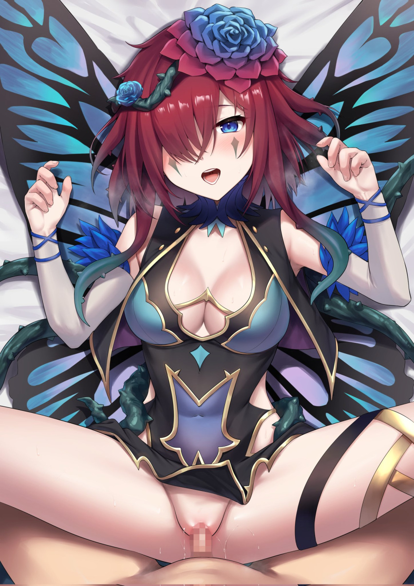 1boy 1girl black_dress blue_eyes blush breasts butterfly_wings censored clothes_lift commentary_request commission corrupted_twitter_file covered_navel detached_sleeves dress dress_lift fairy_wings fire_emblem fire_emblem_heroes flower grey_sleeves hair_flower hair_ornament hair_over_one_eye hair_vines henria hetero highres large_breasts looking_at_viewer lying mosaic_censoring on_back penis pov pov_crotch pussy red_hair sex skeb_commission sweat triandra_(fire_emblem) vaginal wings