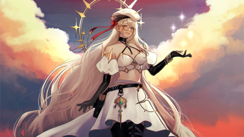 1girl absurdres aia_amare aia_amare_(2nd_costume) black_gloves black_thighhighs blonde_hair breasts crop_top earrings gloves green_eyes hair_ornament highres jewelry large_breasts long_hair midriff navel nijisanji nijisanji_en open_mouth short_sleeves sunset thighhighs very_long_hair virtual_youtuber