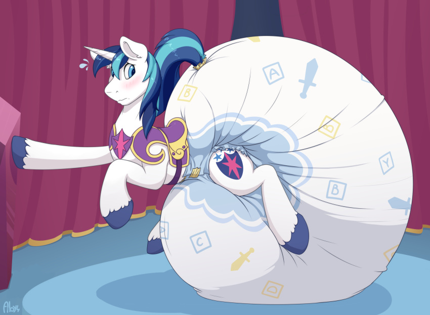 ailoy4 armor blue_eyes blue_hair blush cutie_mark diaper equid equine feral friendship_is_magic fur hair hasbro hi_res hooves horn huge_diaper male mammal my_little_pony quadruped saddle shining_armor_(mlp) unicorn white_body white_fur