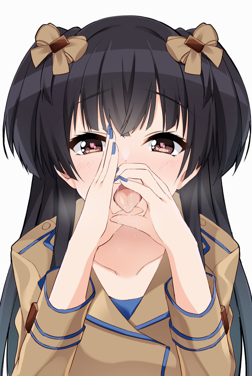 1girl aria. aroused black_hair blue_nails blush bow brown_bow brown_jacket collarbone commentary crossed_bangs drooling eyelashes fellatio_gesture hair_between_eyes hair_bow hands_up heart heart-shaped_pupils highres idolmaster idolmaster_shiny_colors jacket long_hair long_sleeves looking_at_viewer mayuzumi_fuyuko mouth_drool nail_polish naughty_face nose_blush open_mouth saliva saliva_on_hand sidelocks simple_background solo straight-on straight_hair symbol-shaped_pupils tongue tongue_out two_side_up upper_body very_long_hair white_background