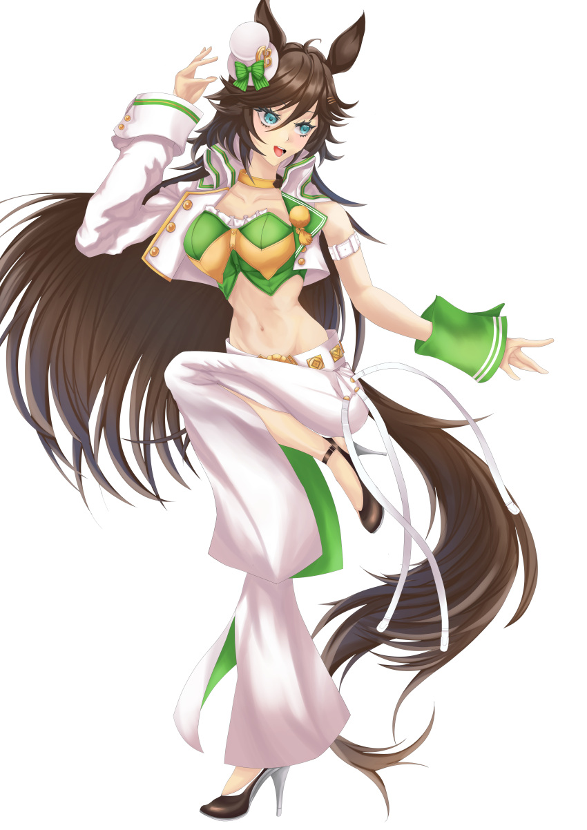 1girl :d absurdres ahoge animal_ears arm_strap bell-bottoms breasts brown_hair choker collarbone commentary cropped_jacket full_body green_eyes green_shirt groin hair_between_eyes hair_ornament hairclip hand_up hat high_heels highres horse_ears horse_girl horse_tail jacket long_hair long_sleeves medium_breasts midriff mini_hat mini_top_hat mr._c.b._(umamusume) navel open_clothes open_jacket open_mouth pants shikobouzu shirt sidelocks simple_background single_bare_shoulder single_sleeve smile solo standing standing_on_one_leg strapless strapless_shirt tail teeth top_hat umamusume white_background white_headwear white_jacket white_pants wrist_cuffs yellow_choker