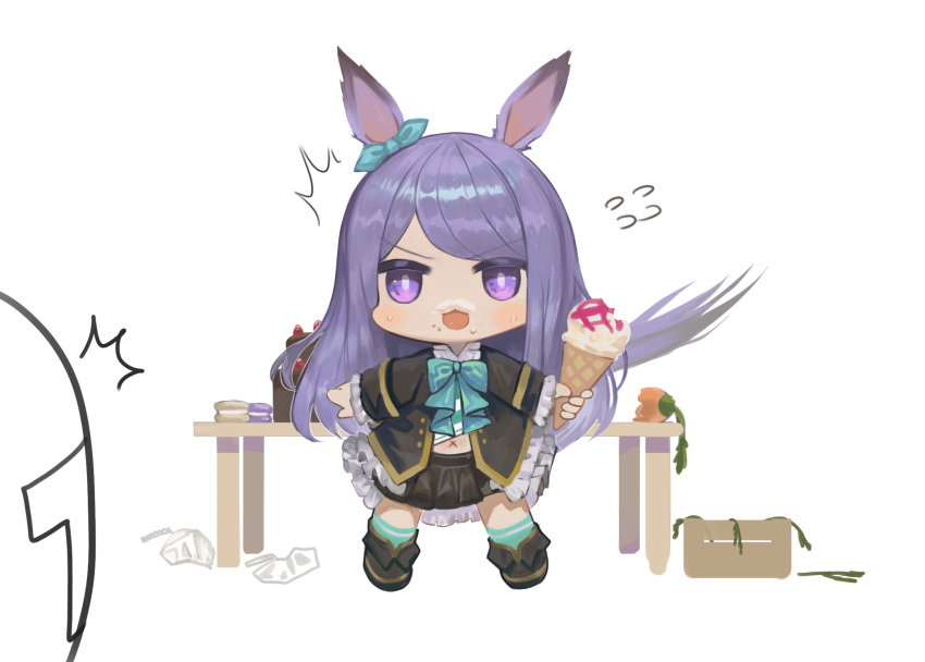 1girl 1other ^^^ animal_ears bangs black_footwear black_jacket black_skirt blue_bow blue_ribbon blue_socks bow cake carrot chibi commentary dokomon ear_ribbon flying_sweatdrops food food_on_face highres holding holding_food horse_ears horse_girl horse_tail ice_cream ice_cream_cone jacket long_hair macaron mejiro_mcqueen_(umamusume) open_mouth pleated_skirt purple_eyes purple_hair ribbon shoes simple_background skirt socks solo_focus sweat swept_bangs symbol-only_commentary t-head_trainer tail trainer_(umamusume) umamusume v-shaped_eyebrows very_long_hair white_background x_navel