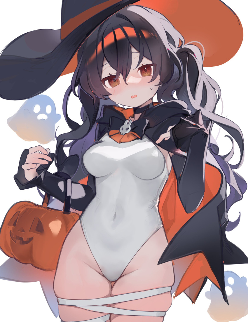 1girl bandaged_leg bandages black_cape black_headwear blush breasts cape chestnut_mouth commentary ghost hair_between_eyes halloween hat highleg highleg_leotard highres leotard long_hair medium_breasts miebao orange_cape orange_eyes original solo sweat symbol-only_commentary two-tone_cape wavy_hair white_leotard witch_hat