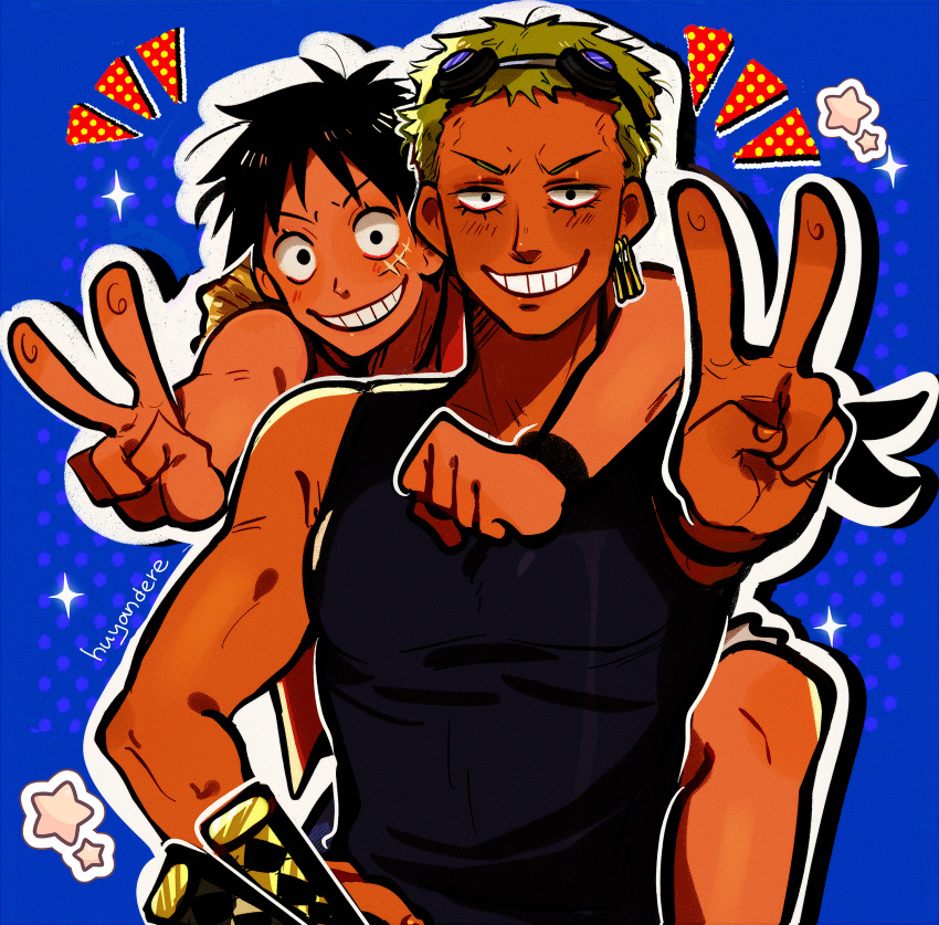 2boys absurdres armband bandana_around_arm black_hair blue_tank_top blush carrying dark-skinned_male dark_skin earrings green_hair grin happy hat highres huyandere jewelry looking_at_viewer male_focus monkey_d._luffy multiple_boys one_piece open_mouth piggyback red_shirt roronoa_zoro scar scar_on_cheek scar_on_face shirt short_hair sideburns smile straw_hat sweatdrop sword tank_top teeth toned toned_male v weapon