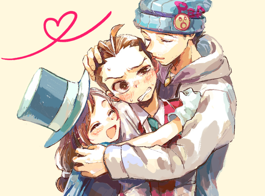 1girl 2boys :d @_@ ace_attorney angry annoyed antenna_hair apollo_justice aqua_necktie asymmetrical_eyes beanie black_shirt blue_cape blue_headwear blush brown_eyes brown_hair cape clenched_teeth closed_eyes collared_shirt drawstring gloves grey_hoodie group_hug hand_on_another's_head hat heart hood hood_down hoodie hug jewelry long_hair low-tied_long_hair medium_hair multiple_boys necklace necktie open_mouth pendant phoenix_wright red_vest rocoya1 shirt short_hair simple_background smile sweat swept_bangs teeth top_hat trucy_wright upper_body vest white_gloves white_shirt