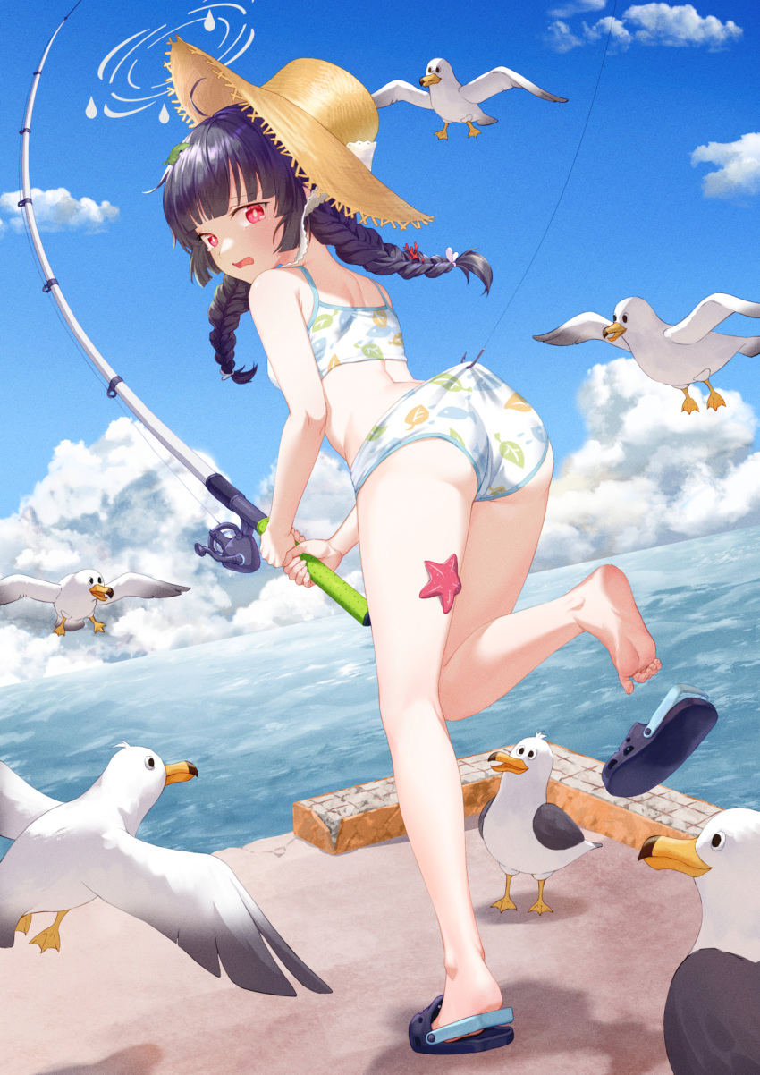 1girl aesice animal ass bare_legs bare_shoulders barefoot beach bikini bikini_bottom_pull bird black_hair blue_archive blue_sky blush braid breasts cloud crocs day fishing fishing_line fishing_rod from_behind full_body grey_halo hair_ornament hair_ribbon halo hat highres holding holding_fishing_rod leaf leaf_on_head leaf_print looking_at_viewer looking_back miyu_(blue_archive) miyu_(swimsuit)_(blue_archive) ocean official_alternate_costume open_mouth print_bikini ribbon seagull sky soles standing starfish straw_hat sun_hat swimsuit twin_braids twintails water white_bikini white_halo