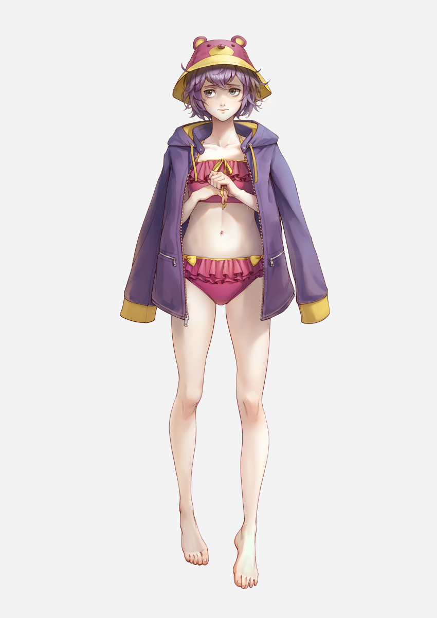 1girl absurdres animal_hat barefoot bear_hat bernadetta_von_varley bikini breasts feet fire_emblem fire_emblem:_three_houses frilled_bikini frills front-tie_top full_body grey_eyes hat highres jacket kazuko_(towa) legs looking_to_the_side navel nervous open_clothes open_jacket purple_bikini purple_hair short_hair simple_background small_breasts standing swimsuit toenails toes white_background