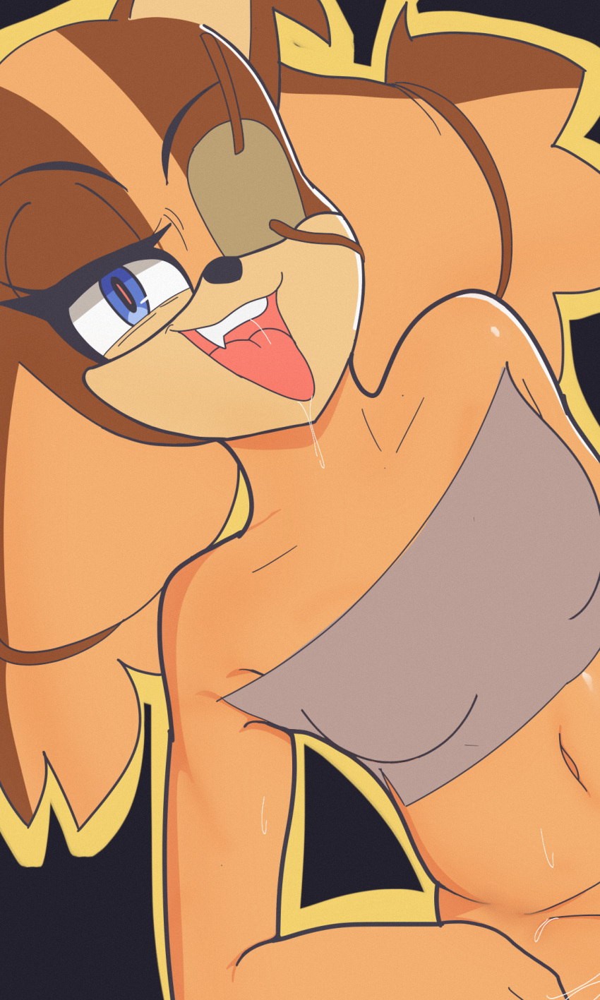 anthro bodily_fluids bottomless clothed clothing eye_patch eyewear fangs female hi_res navel open_mouth orange_body partially_clothed sega sh1vss solo sonic_boom sonic_the_hedgehog_(series) sticks_the_jungle_badger sweat teeth tongue tongue_out