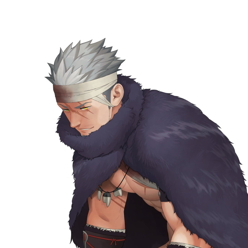 1boy abs alternate_form animal_scarf bandages bara blood blood_on_bandages fang grey_eyes gyee half-closed_eyes highres itto_(mentaiko) jewelry looking_at_viewer male_focus manly mature_male miles_(gyee) miles_sp_(gyee) muscular muscular_male necklace pectorals scar smirk solo spiked_hair sprite tooth_necklace upper_body yellow_eyes