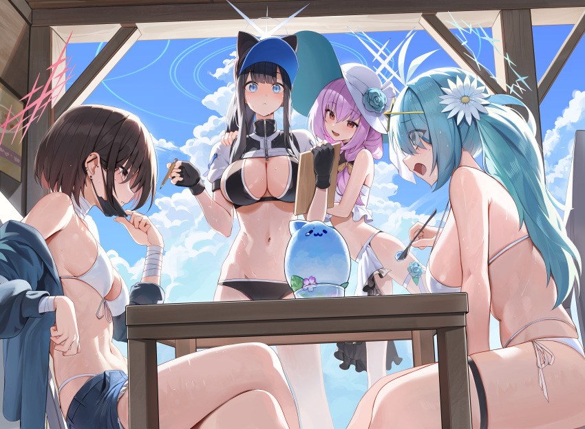 4girls absurdres alternate_costume aqua_hair arius_squad_(blue_archive) atsuko_(blue_archive) bikini black_bikini black_gloves black_hair black_mask blue_archive blue_eyes blue_halo blue_sky breasts cloud cloudy_sky crossed_legs day ear_piercing fingerless_gloves flower food gloves hair_flower hair_ornament halo hat highres hiyori_(blue_archive) holding holding_spoon hutosutoro ice_cream large_breasts long_hair looking_at_another mask mask_pull medium_breasts misaki_(blue_archive) mouth_mask multiple_girls navel outdoors piercing purple_hair red_eyes red_halo saori_(blue_archive) sitting sky spoon standing sun_hat swimsuit table visor_cap white_bikini white_flower white_halo white_headwear