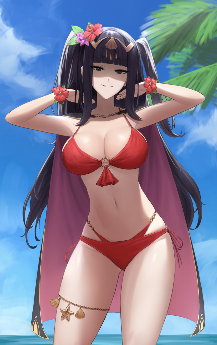 1girl bikini black_hair blue_sky breasts cape cleavage cowboy_shot english_commentary fire_emblem fire_emblem_awakening fire_emblem_heroes flower grin hair_flower hair_ornament highres large_breasts long_hair looking_at_viewer navel o-ring o-ring_top ocean official_alternate_costume palm_tree red_bikini red_flower shou_illust sky smile solo swimsuit tharja_(fire_emblem) tharja_(summer)_(fire_emblem) tiara tree two_side_up
