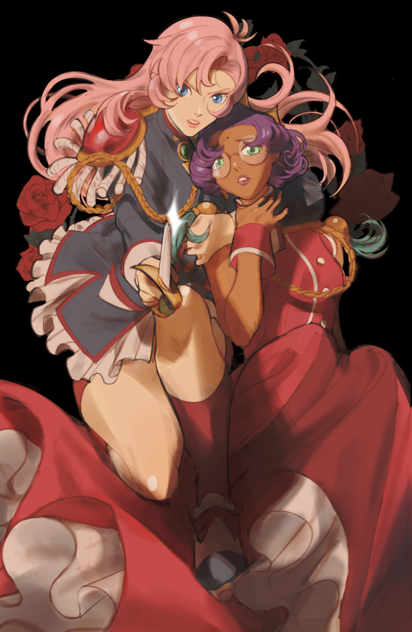 2girls black_background blue_eyes dark-skinned_female dark_skin dress epaulettes floating_hair flower glasses green_eyes highres himemiya_anthy holding holding_sword holding_weapon jacket long_hair looking_at_viewer multiple_girls pink_hair pointing pointing_at_viewer pointing_weapon purple_hair rapier red_dress red_flower red_rose red_socks rose round_eyewear short_hair shorts shoujo_kakumei_utena shy_(ribboneels) simple_background socks sword tenjou_utena weapon