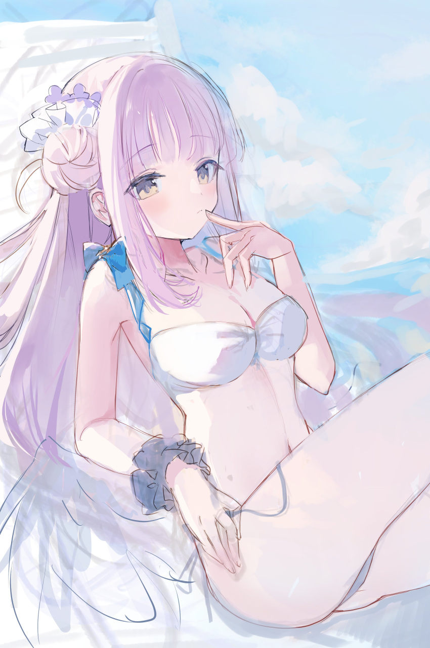 1girl absurdres bikini blue_archive blush breasts cleavage closed_mouth cloud day feathered_wings flower hair_bun highres long_hair looking_at_viewer medium_breasts mika_(blue_archive) outdoors pink_hair purple_flower scrunchie single_side_bun sketch sky solo swimsuit ume_(plumblossom) unfinished very_long_hair white_bikini wings wrist_scrunchie yellow_eyes