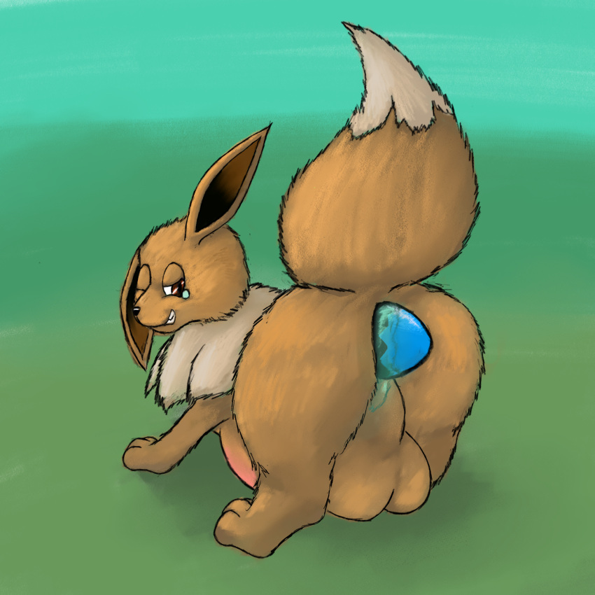 balls big_butt bodily_fluids butt eevee egg egg_from_ass egg_in_ass egg_insertion feral generation_1_pokemon genitals hi_res male nintendo oviposition pokemon pokemon_(species) pregnant pregnant_male simple_background solo teardrop tears vulnec