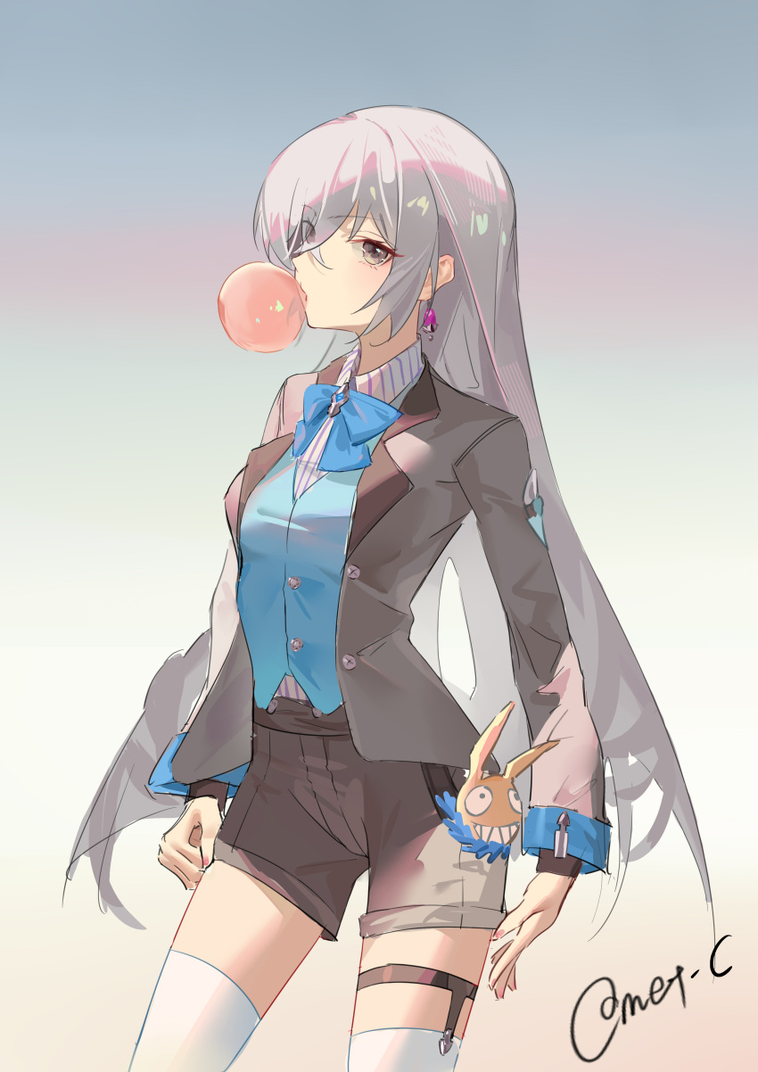 1girl absurdres bronya_zaychik chewing_gum chinese_commentary comet_(user_fjsa4577) earrings grey_eyes grey_hair highres homu_(honkai_impact) honkai_(series) honkai_impact_3rd jewelry long_hair long_sleeves looking_at_viewer official_alternate_costume signature solo