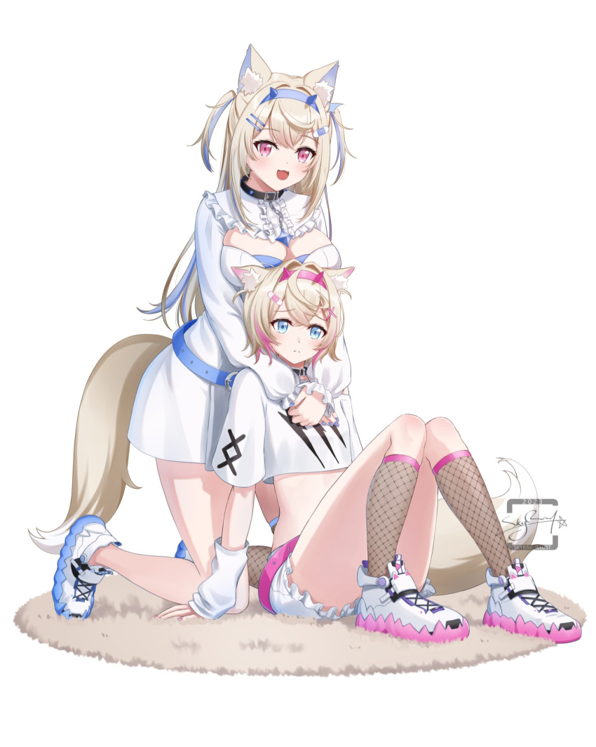 2girls animal_ears arms_around_neck belt_collar black_collar blonde_hair blue_eyes blue_hair blue_nails blush breasts cleavage_cutout closed_mouth clothing_cutout collar cropped_shirt dog_ears dog_girl dog_tail dress fang fishnet_socks fishnets frilled_shorts frills fuwawa_abyssgard hair_ornament hairpin highres hololive hololive_english hug large_breasts long_hair looking_at_viewer medium_hair mococo_abyssgard multicolored_hair multiple_girls nail_polish open_mouth pink_eyes pink_hair pink_nails shirt shoes short_shorts shorts siblings sidelocks single_fishnet_legwear sisters skyrail smile sneakers socks spiked_collar spikes streaked_hair tail twins two_side_up white_dress white_footwear white_shirt white_shorts x_hair_ornament