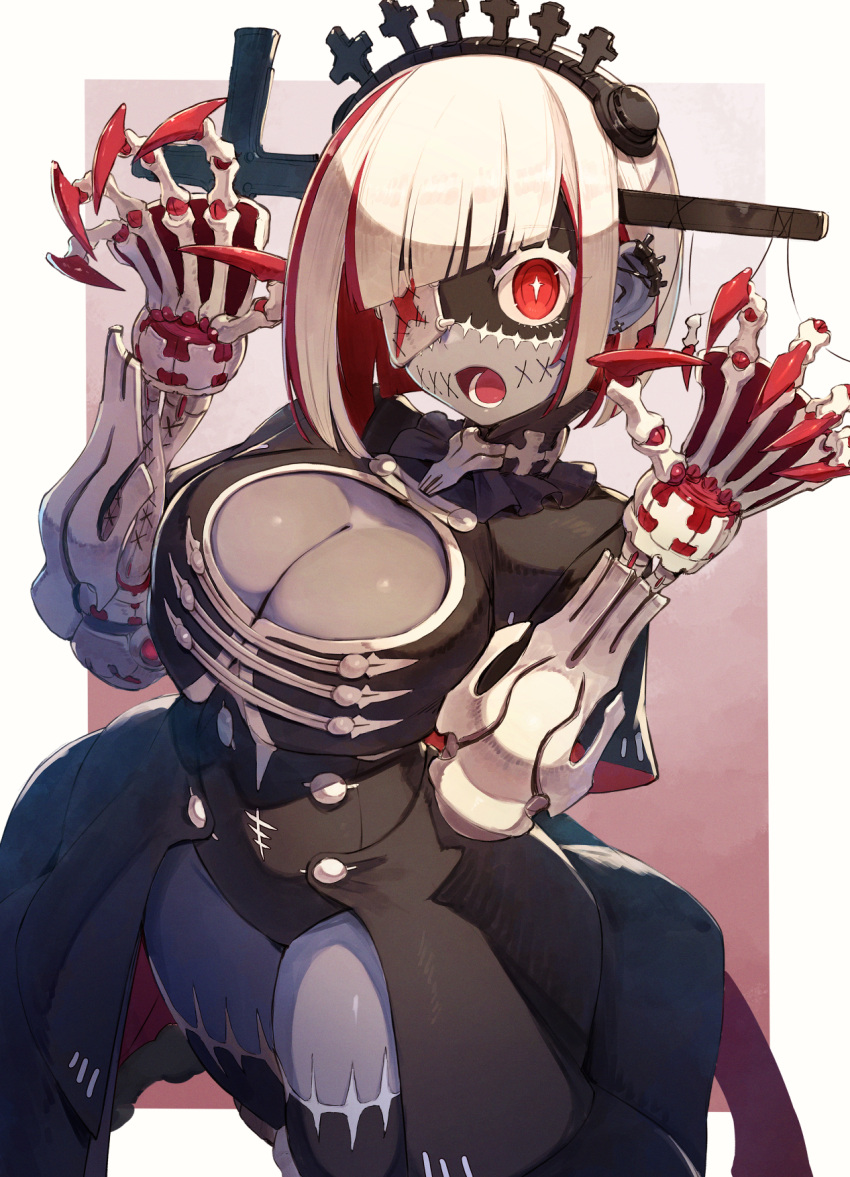 1girl black_skin breasts capelet claw_pose claws cleavage_cutout clothing_cutout colored_eyelashes colored_inner_hair colored_skin ear_piercing eyepatch grey_skin hairband highres impaled joints kuroi_susumu large_breasts looking_at_viewer multicolored_hair multicolored_skin open_mouth original patchwork_skin piercing red_eyes red_hair showgirl_skirt stitches streaked_hair two-tone_hair white_hair zombie