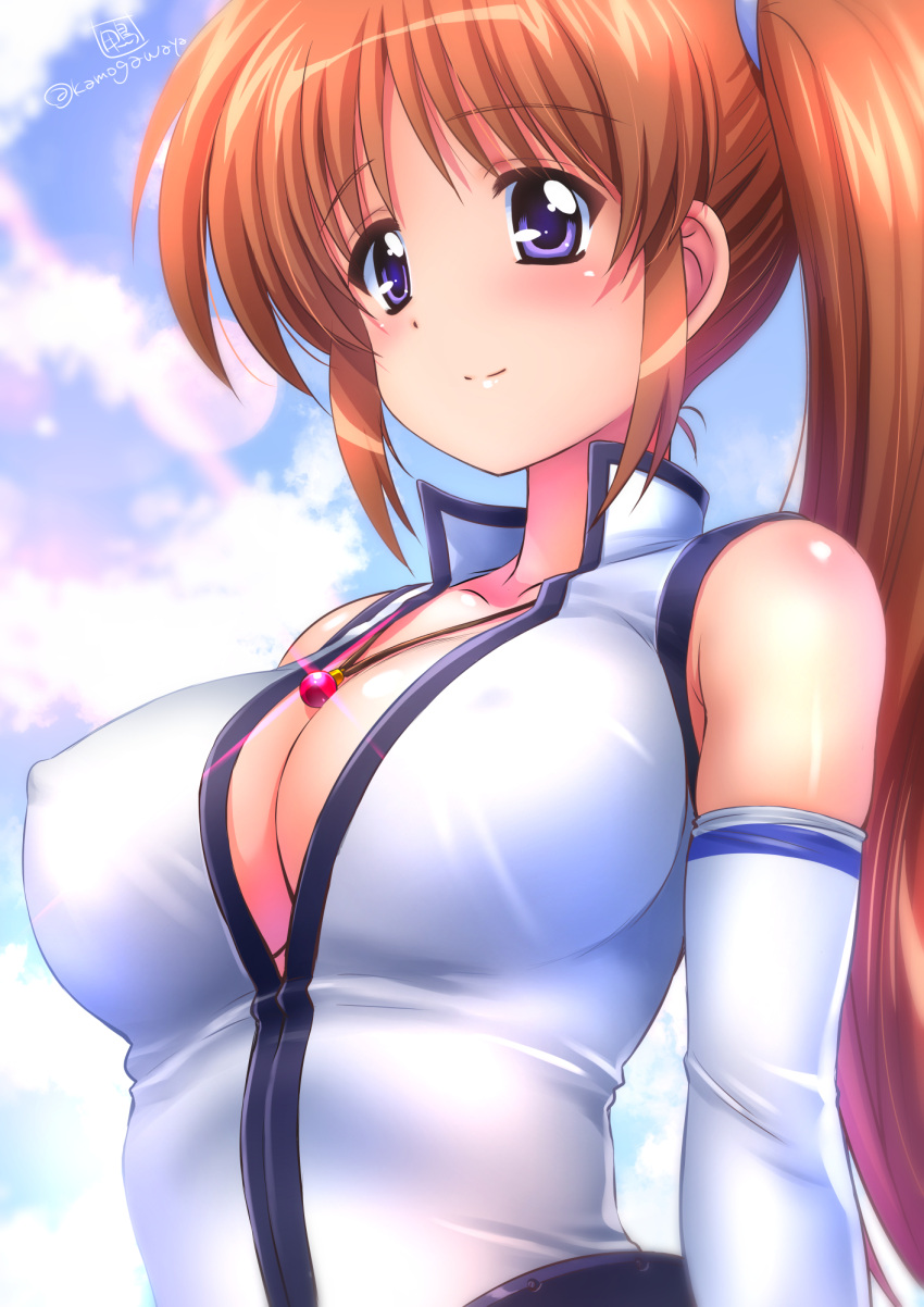 1girl bare_shoulders blush breasts cleavage commentary covered_nipples elbow_gloves gloves highres kamogawa_tanuki large_breasts long_hair lyrical_nanoha mahou_shoujo_lyrical_nanoha_strikers open_clothes open_shirt orange_hair purple_eyes raising_heart shiny_skin side_ponytail sleeveless smile solo takamachi_nanoha upper_body